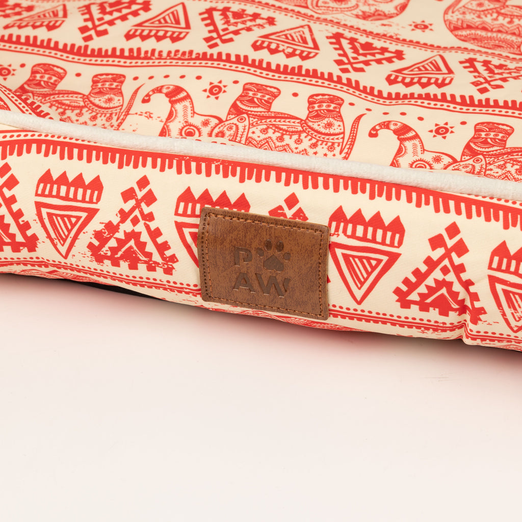 Close-up of the red print and front label