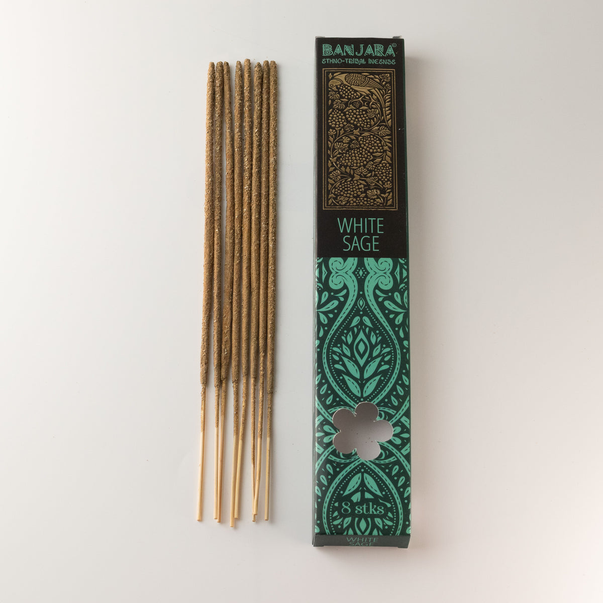 White Sage incense sticks beside the open Banjara box, arranged upright on a white background