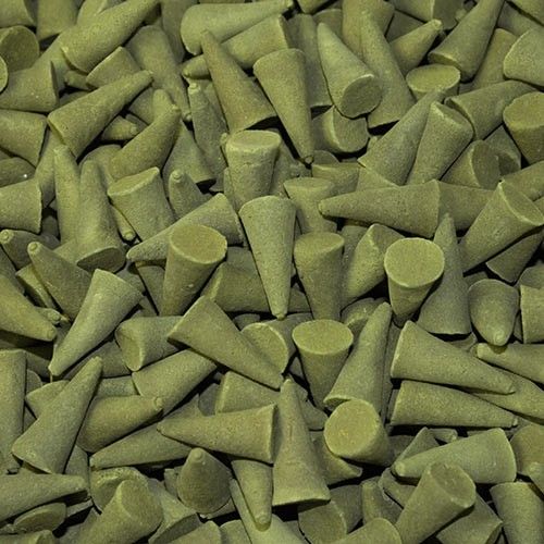 Bulk Incense Cones, Frank & Myrrh, a close-up of many olive green cones piled together