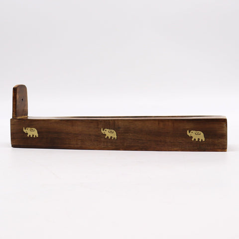 Mango Wood Incense Box, Assorted, long dark brown box with gold elephant motifs, shown from the front