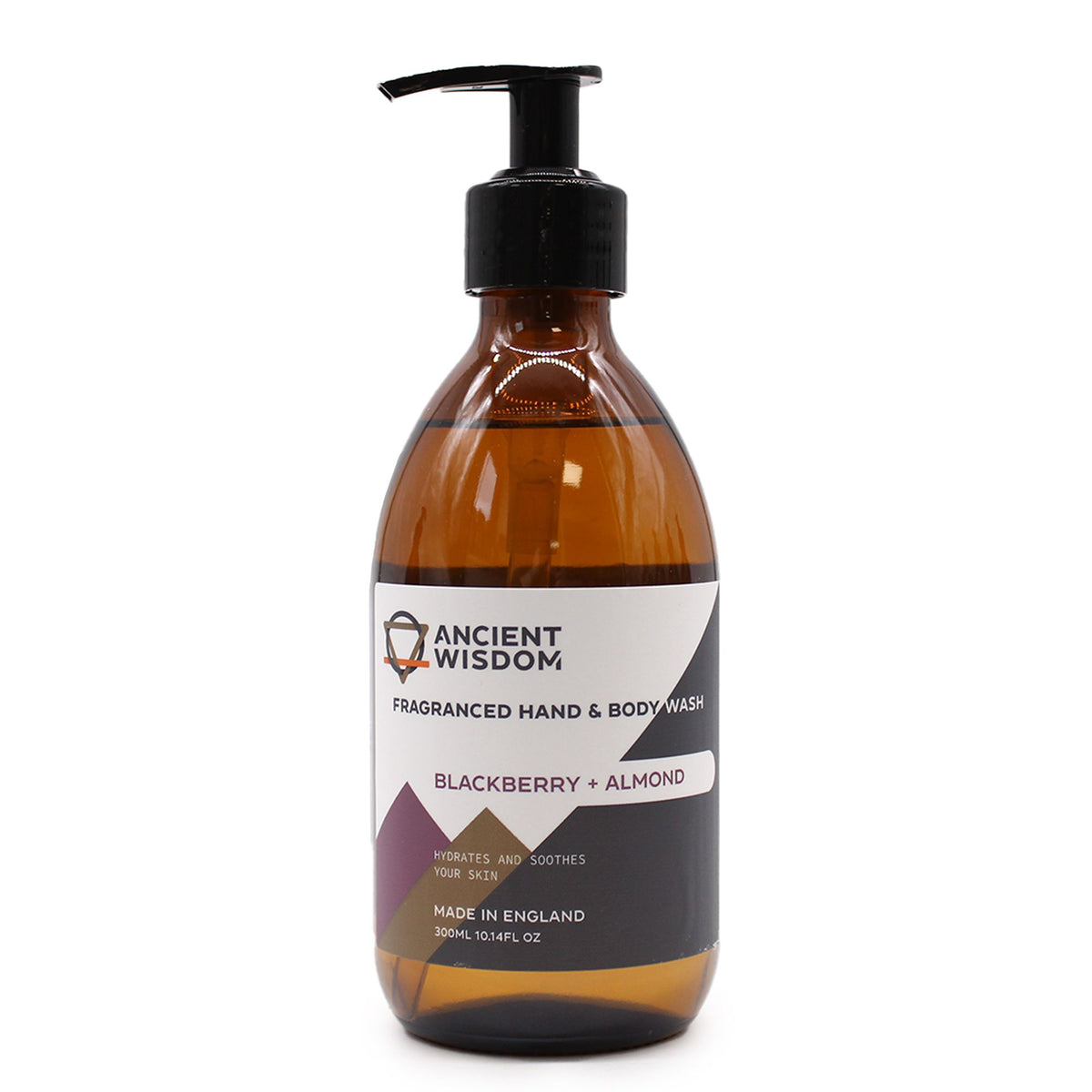 Blackberry + Almond hand and body wash pump bottle on a white background