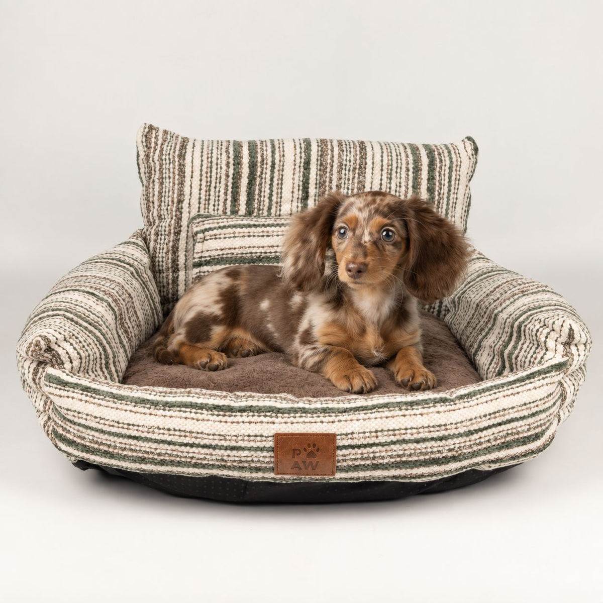 PAW striped sofa pet bed with a small dog resting on the brown seat