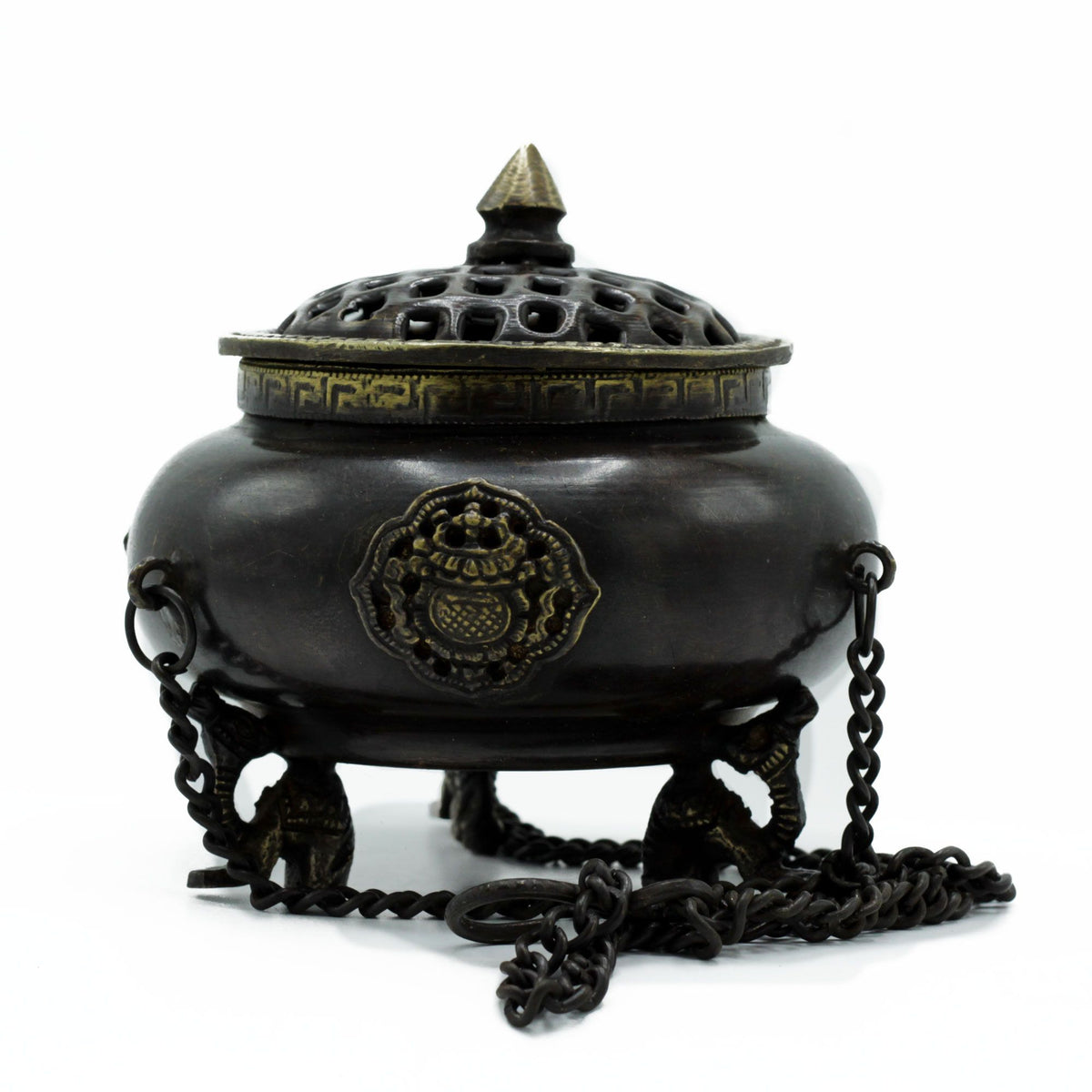 Large brass Tibetan incense burner, a round pot with a pierced lid, medallions and hanging chains