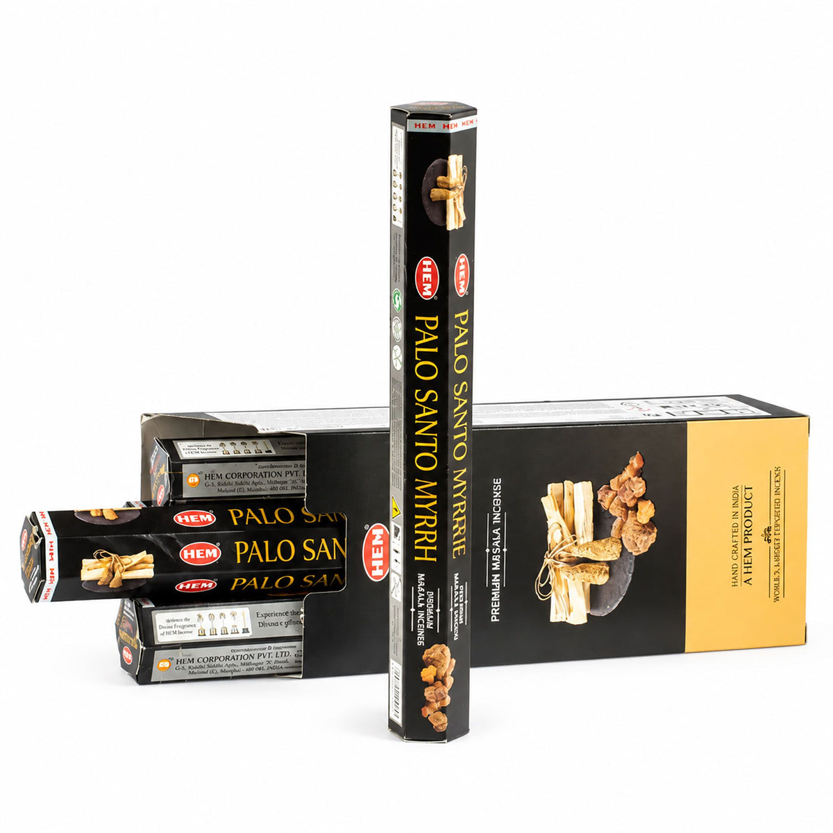HEM Palo Santo Myrrh incense pack shown with its display box