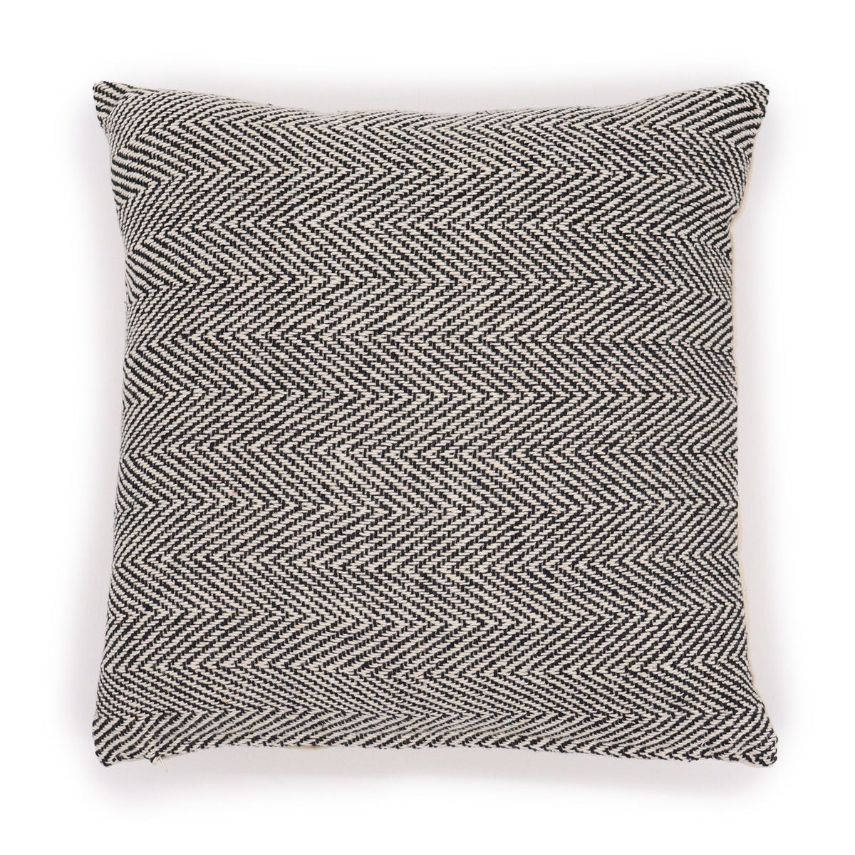 Front view of the grey and black herringbone cushion cover, lying flat against a plain white background