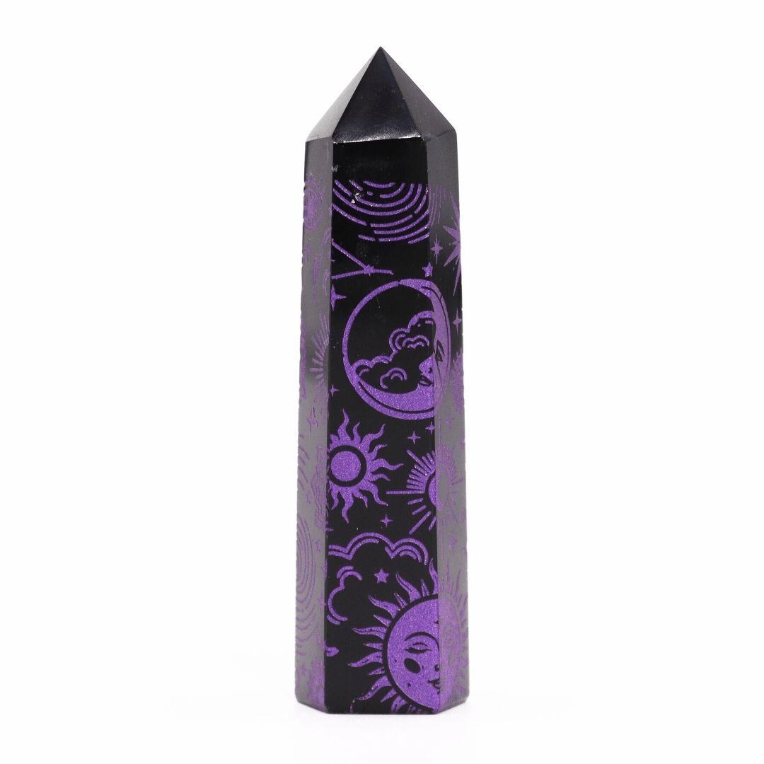 Black point with purple moon and sun patterns, centred upright against a plain white background