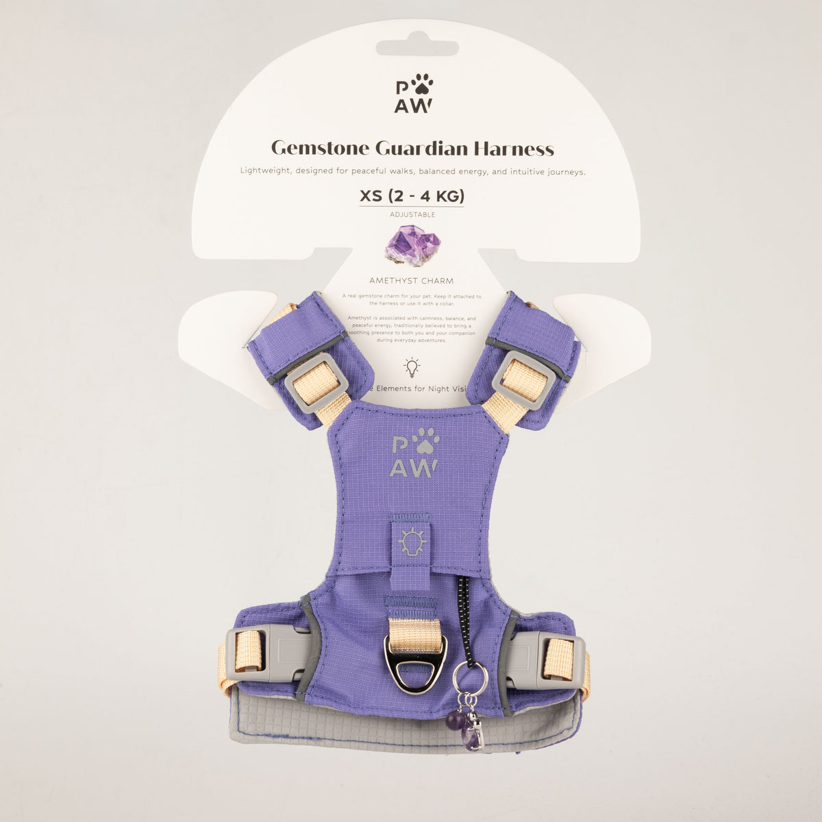PAW lavender dog harness with amethyst paw charm, front view