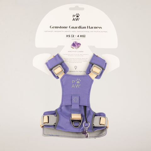 PAW lavender dog harness with amethyst paw charm, front view