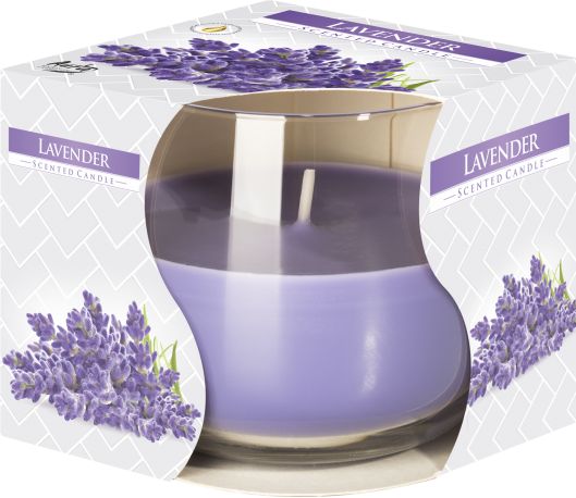 Scented Glass Jar Candle, Lavender in a lavender and clear glass jar, shown with its printed box