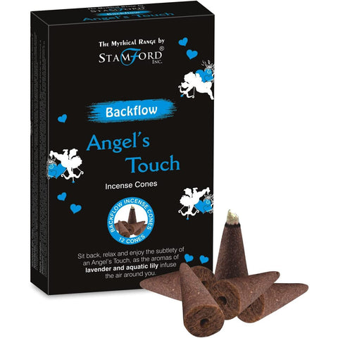 Mythical Backflow Cones, Angel Touch, black box beside several brown cones on a white background