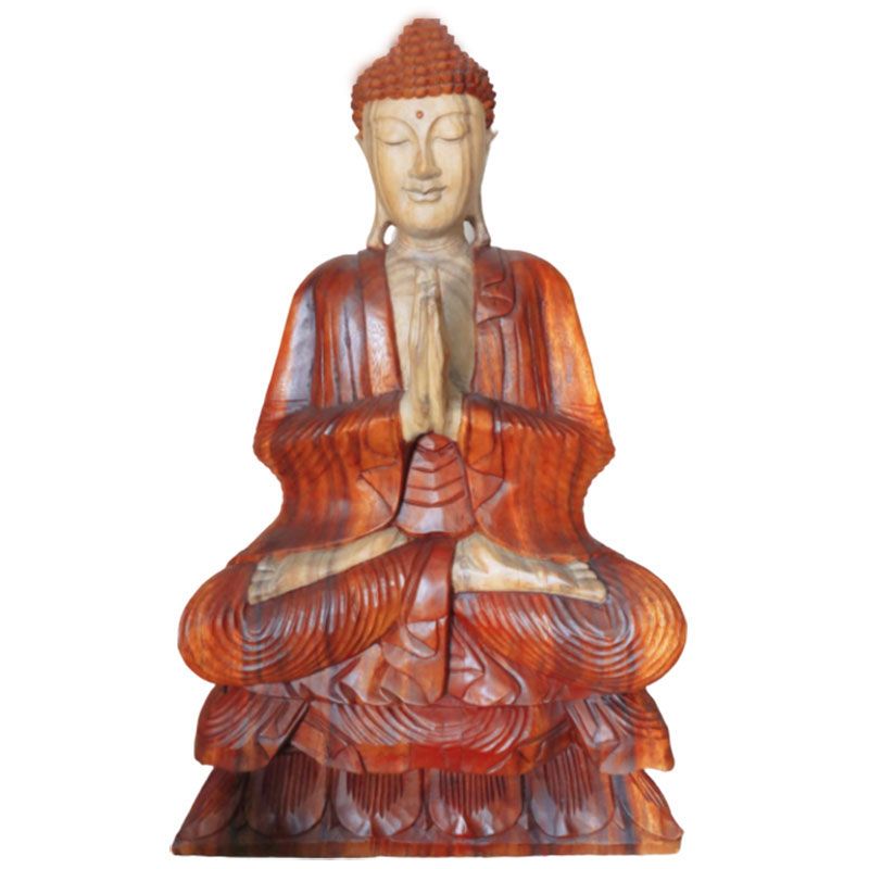 Hand Carved Buddha Statue, 80cm Welcome, full front view in reddish brown and pale wood tones