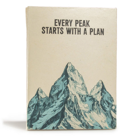 Lokta Inspiration Notebook, cream cover with blue mountain artwork and the words Every Peak Starts with a Plan