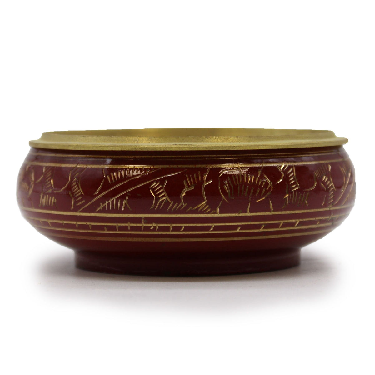 Chakra Charcoal Incense Jar, Root, burgundy bowl with gold bands and etched decoration, side view