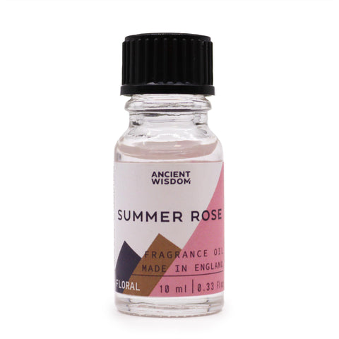 Summer Rose fragrance oil in a clear bottle with black cap, shown upright against a plain white background