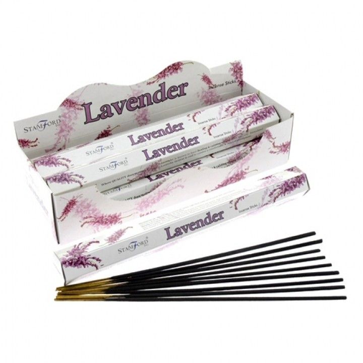 Lavender Premium Incense in an open white and lilac Stamford box, with black incense sticks laid out in front