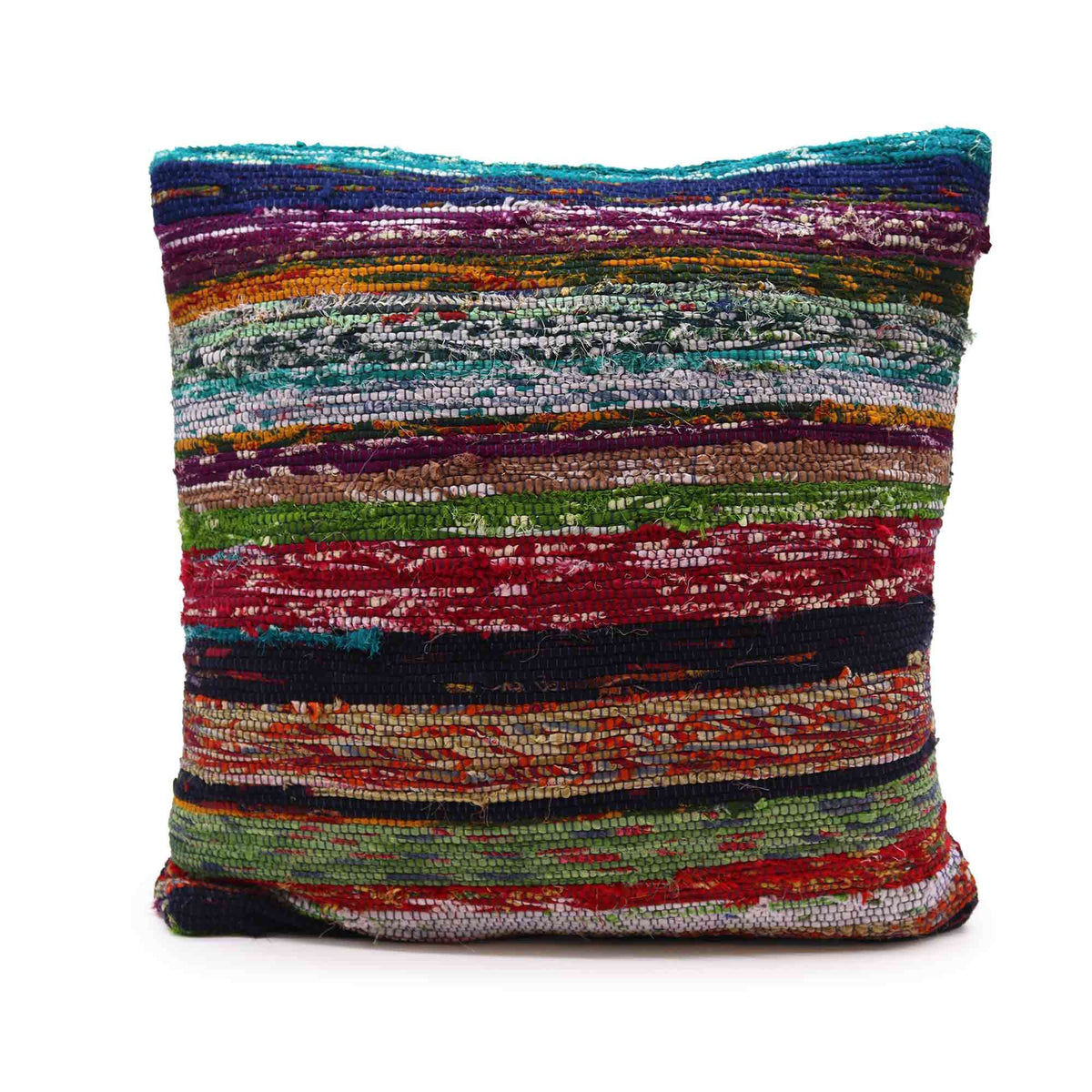 Rag rug cushion cover with multicoloured horizontal stripes, shown alone against a white background
