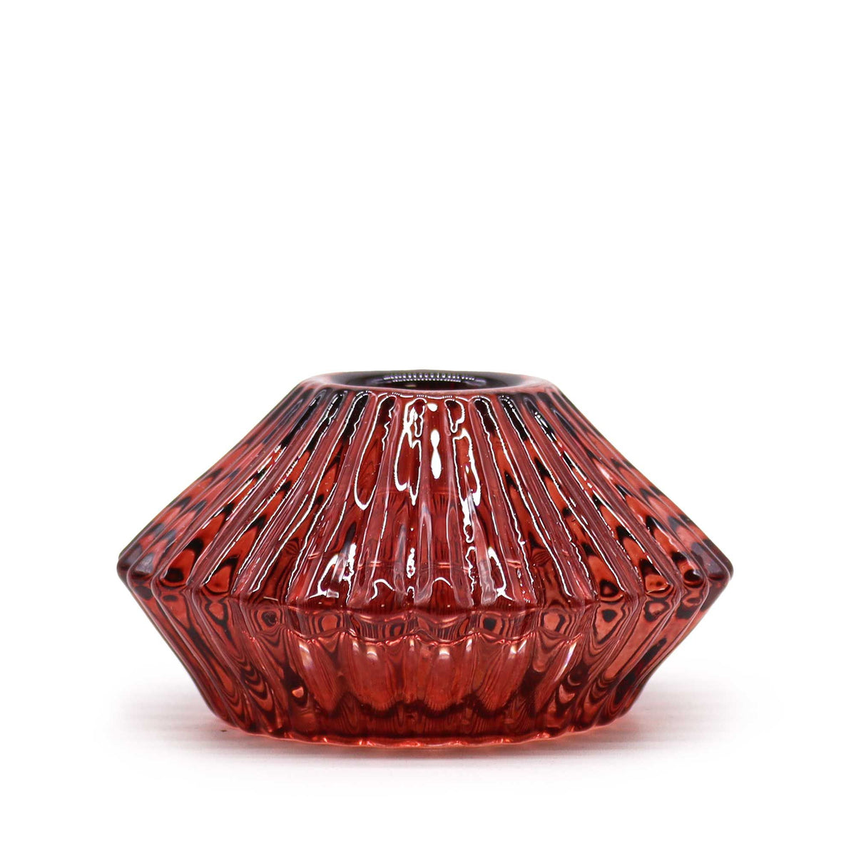 Flower Flip Dinner Candle / Tealight Holder in vampire red, ribbed glass shown from the side