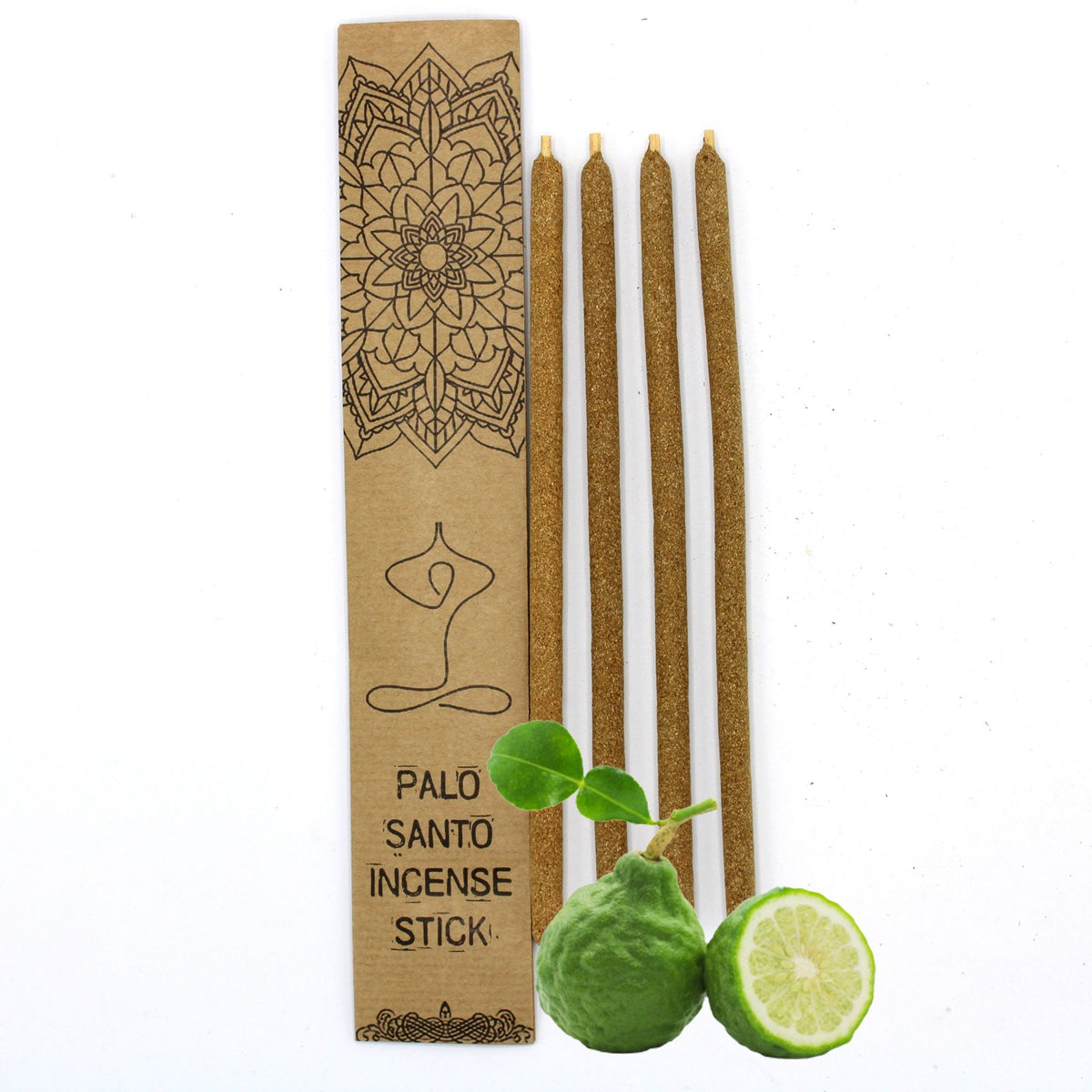 Palo Santo Large Incense Sticks, Bergamot beside a printed kraft sleeve with bergamot fruit