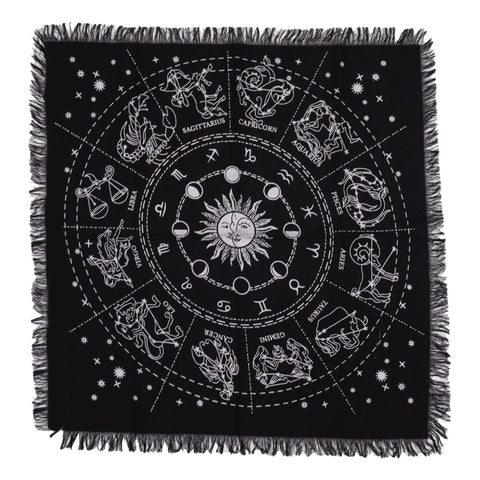 Horoscope altar cloth laid flat, full zodiac wheel print and fringed edges shown