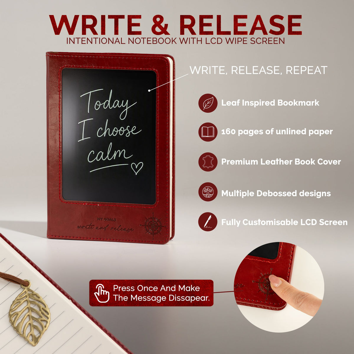 Notebook screen with a written message and a leaf bookmark