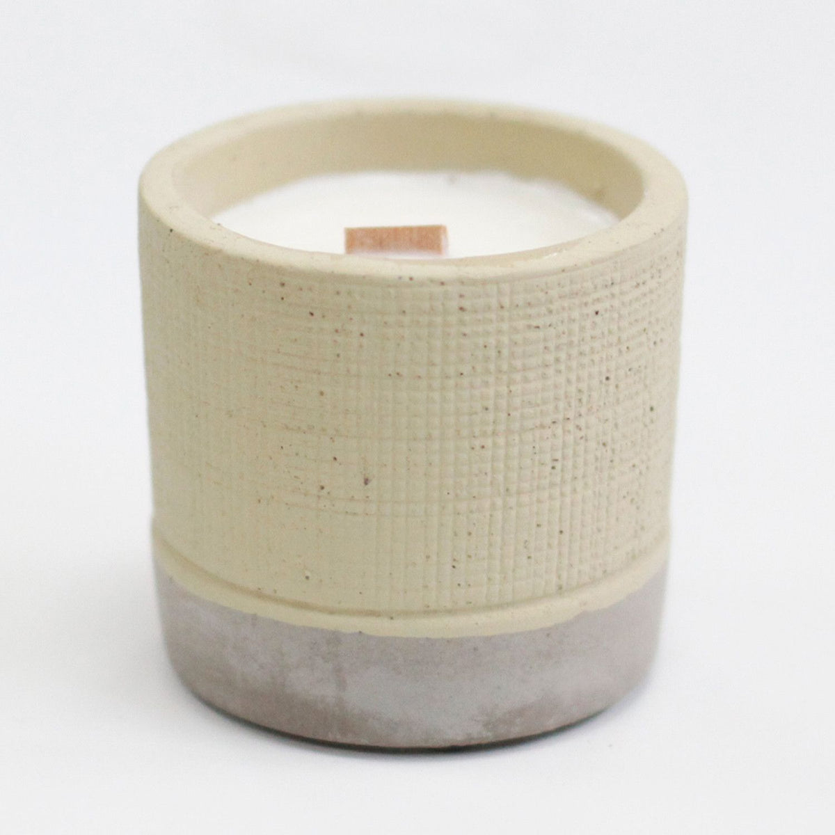 Pot, Grey, Coffee in the Club, cream and grey candle with a wooden wick, shown open from the front