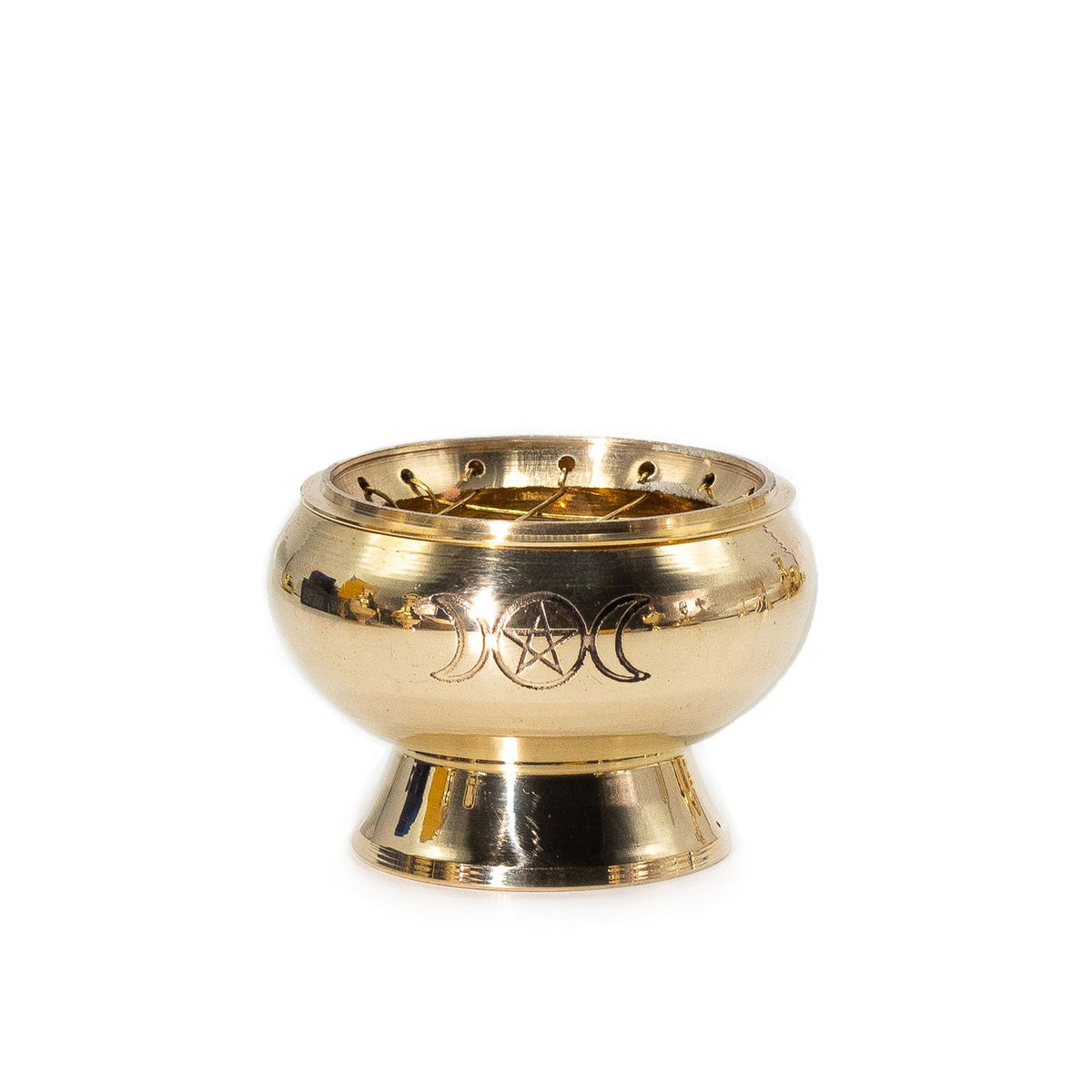 Charcoal Incense Jar, Triple Moon Pentagram, gold-toned metal burner with open bowl and engraved symbols