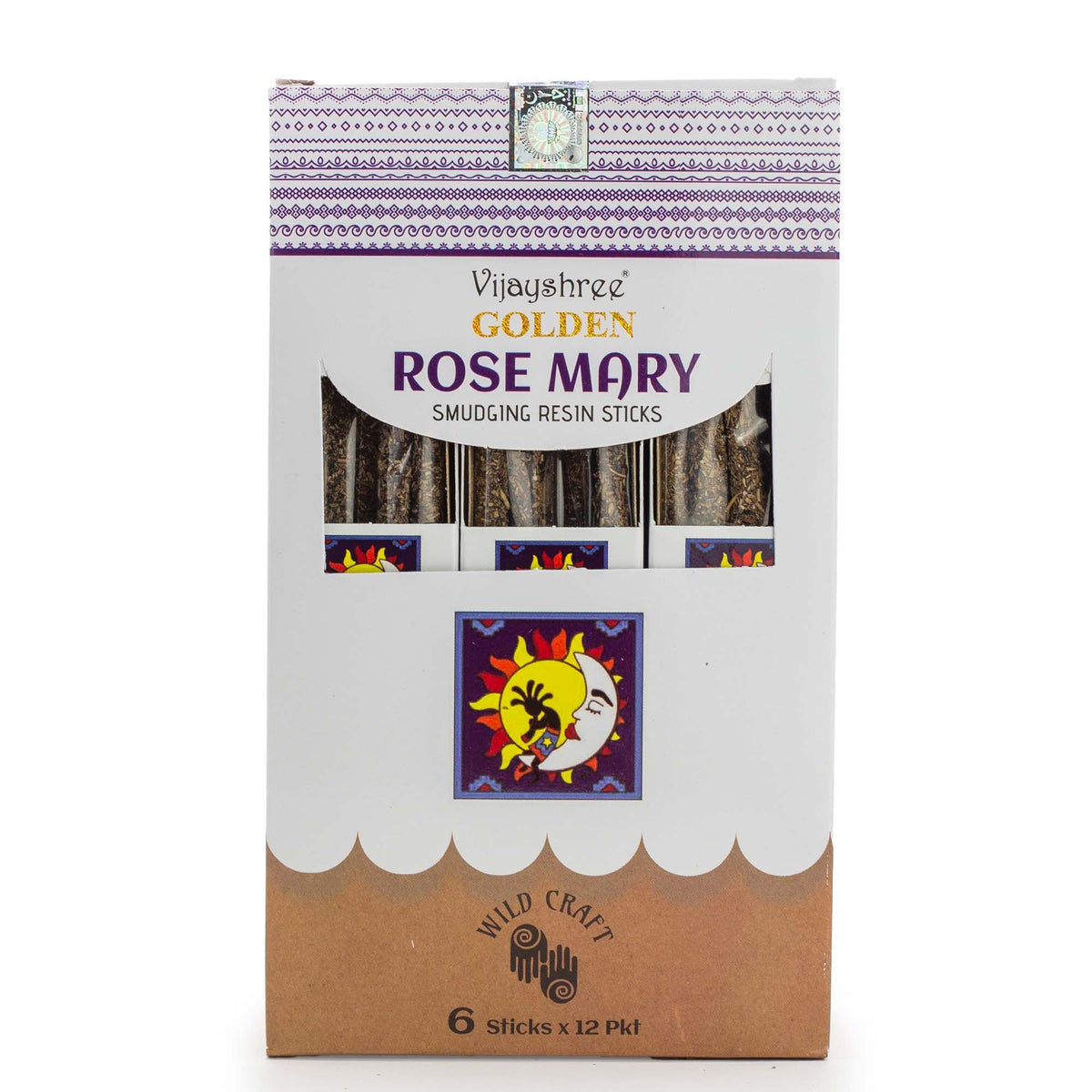 Golden Rose Mary resin sticks visible through the front window of the closed box