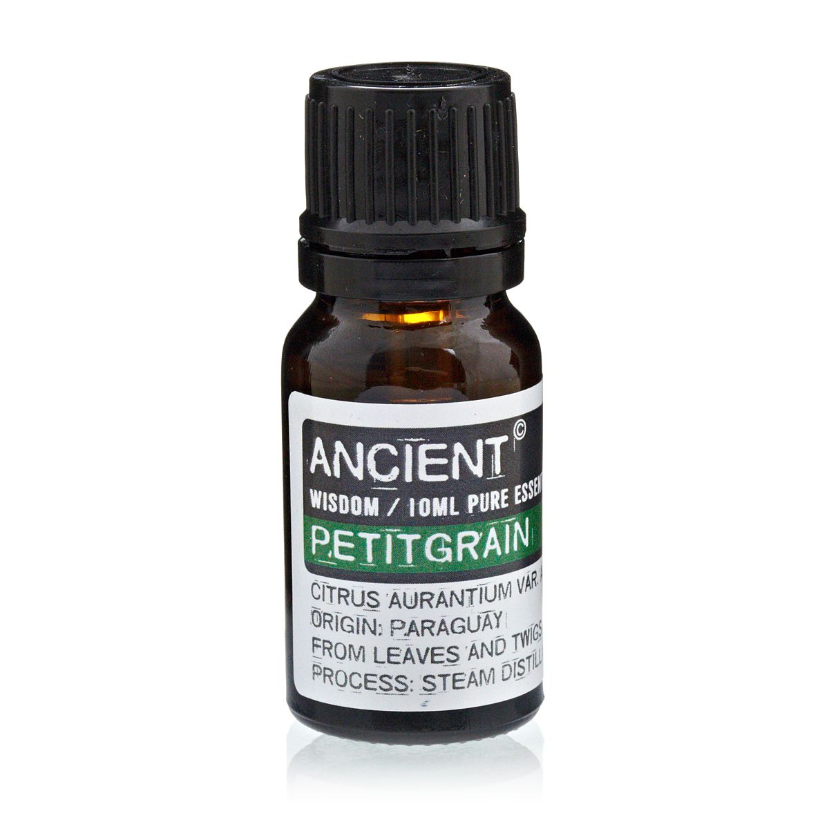 10 ml Petitgrain Essential Oil in a dark glass bottle with a black cap and white label, shown upright