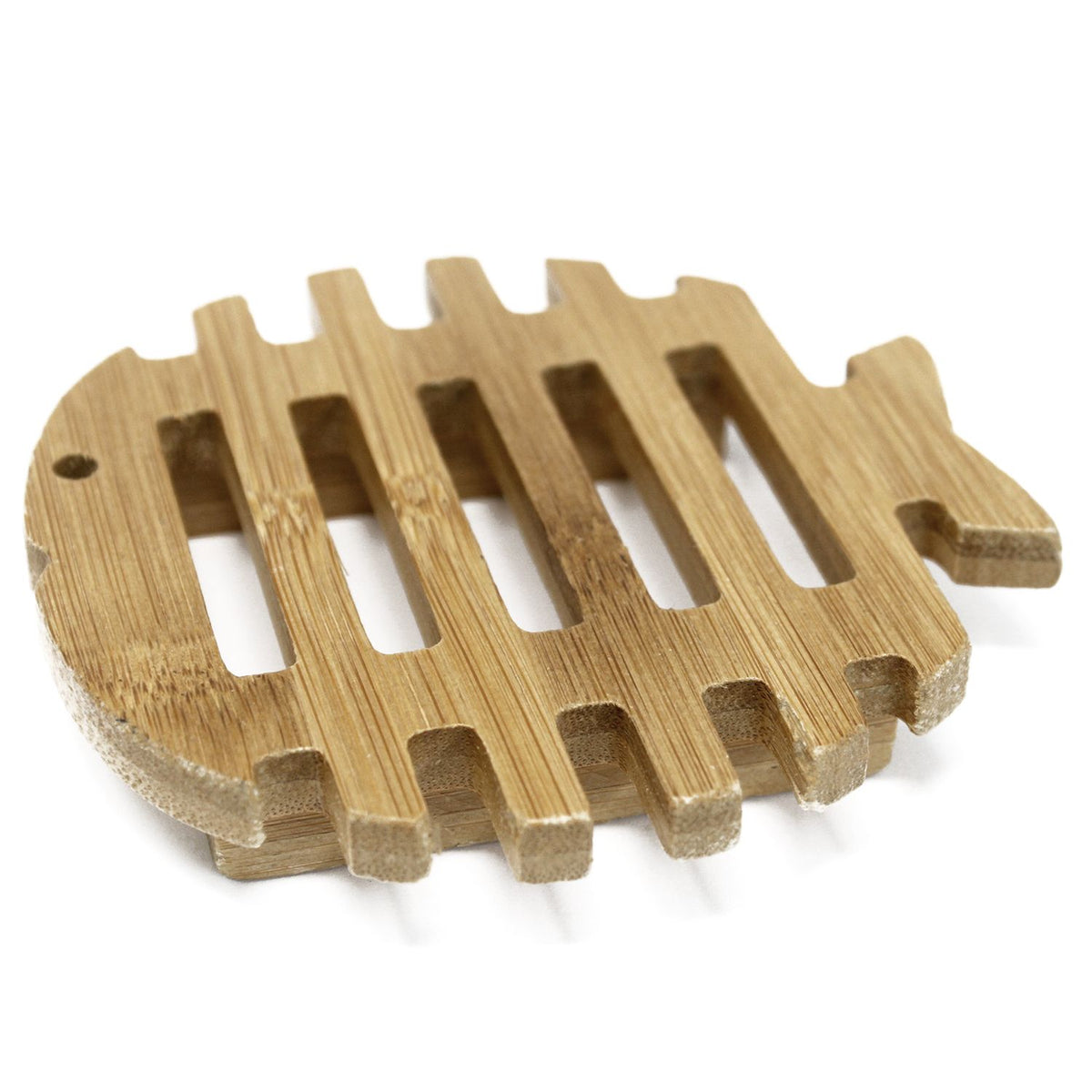 Hemu Wood Soap Dish, Fish, light brown slatted wooden dish shown at an angled front view