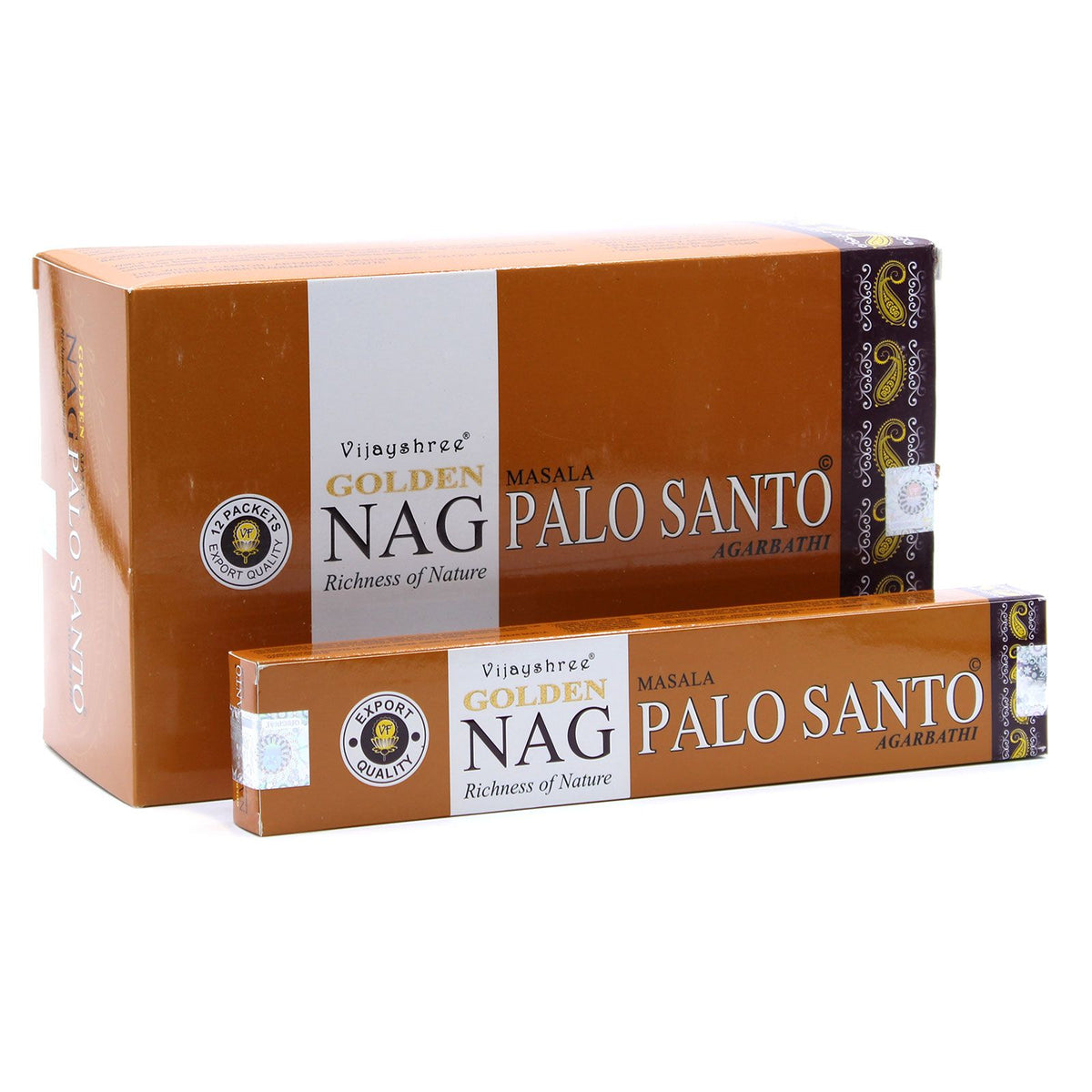 15g Golden Nag, Palo Santo Incense in orange boxes, front view of a large pack and slim box