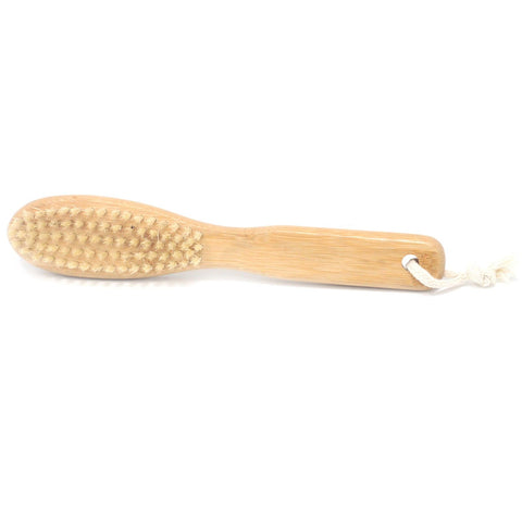 Beard Brush, pale tan brush shown horizontally on white with its bristles and hanging cord visible
