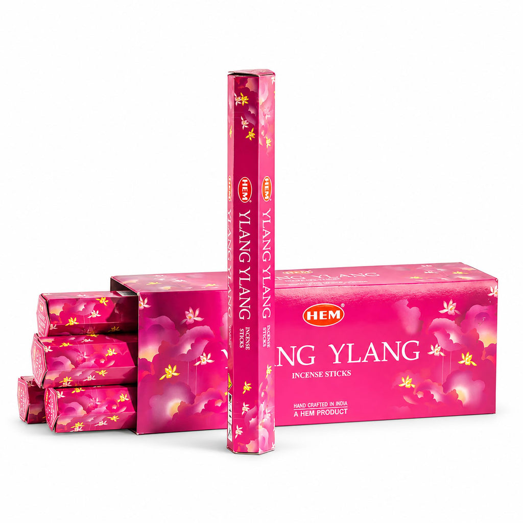 HEM Ylang Ylang incense packs and sticks shown beside the larger box