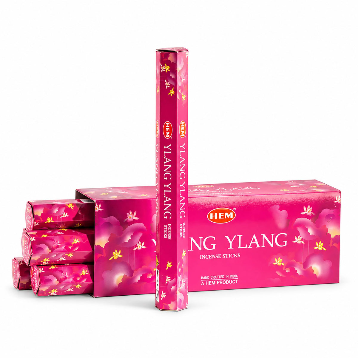 HEM Ylang Ylang incense packs and sticks shown beside the larger box