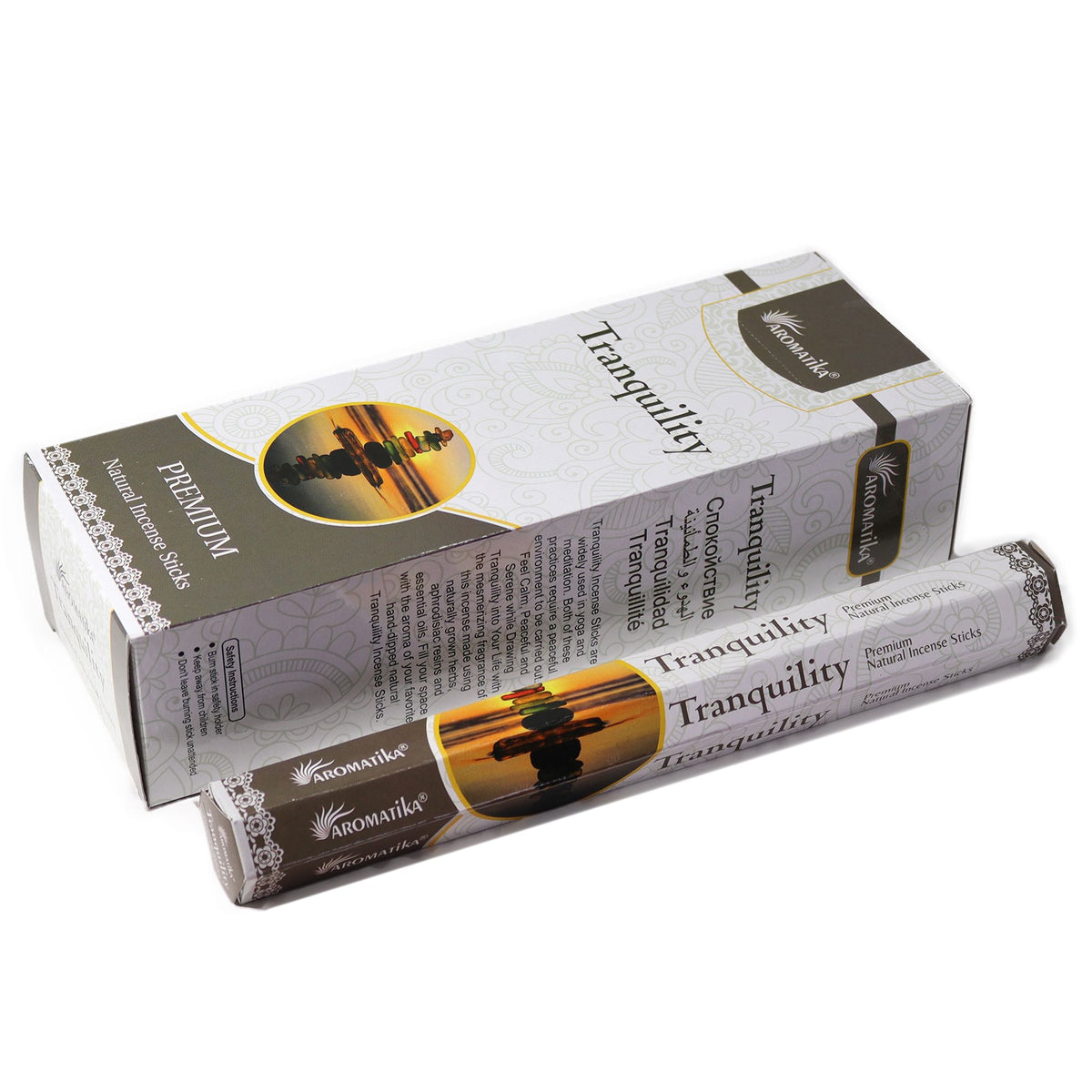 Aromatika Charcoal Free Hex Incense, Tranquility in a patterned box beside its matching wrapped stick