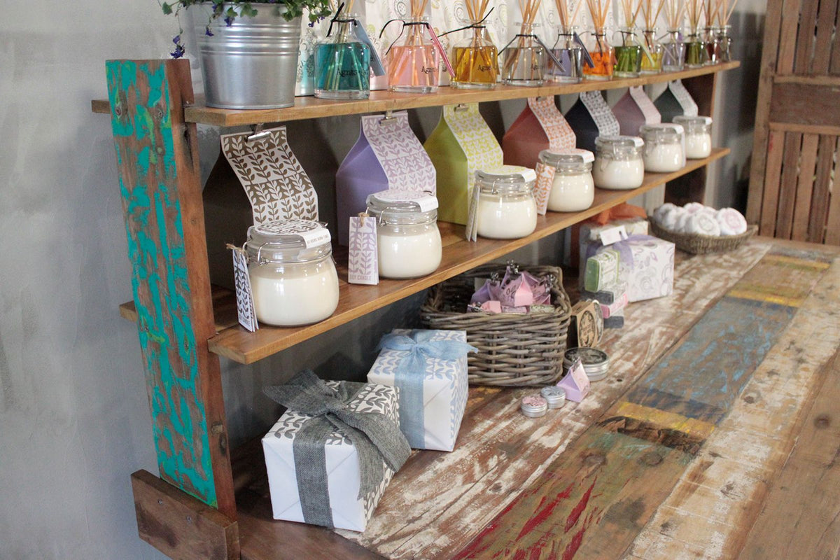 Add on Top Display Unit for 1.8m Table, rustic wooden shelving with colourful glass bottles and gift items