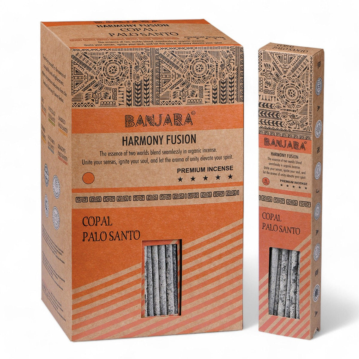Banjara Copal Palo Santo incense box and pack, with pale sticks laid in front