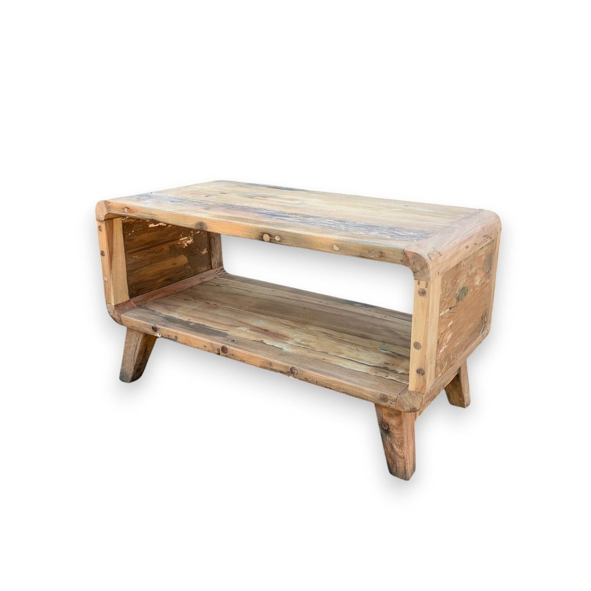 Rounded coffee table with an open lower shelf, shown alone against a plain white background