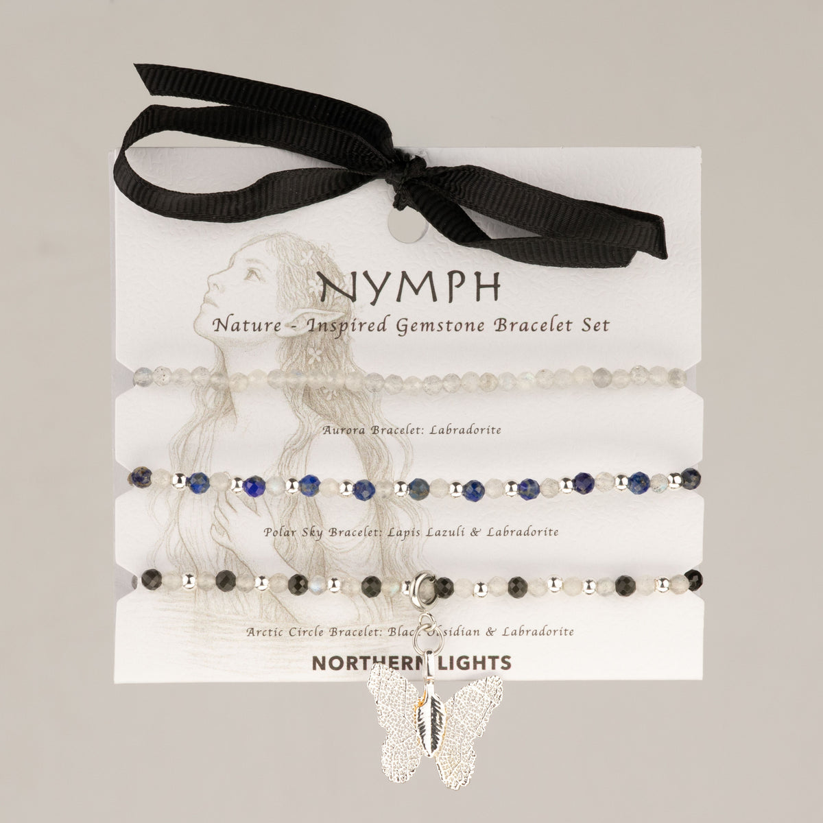 Nymph Spirit Northern Lights bracelet set on its illustrated card