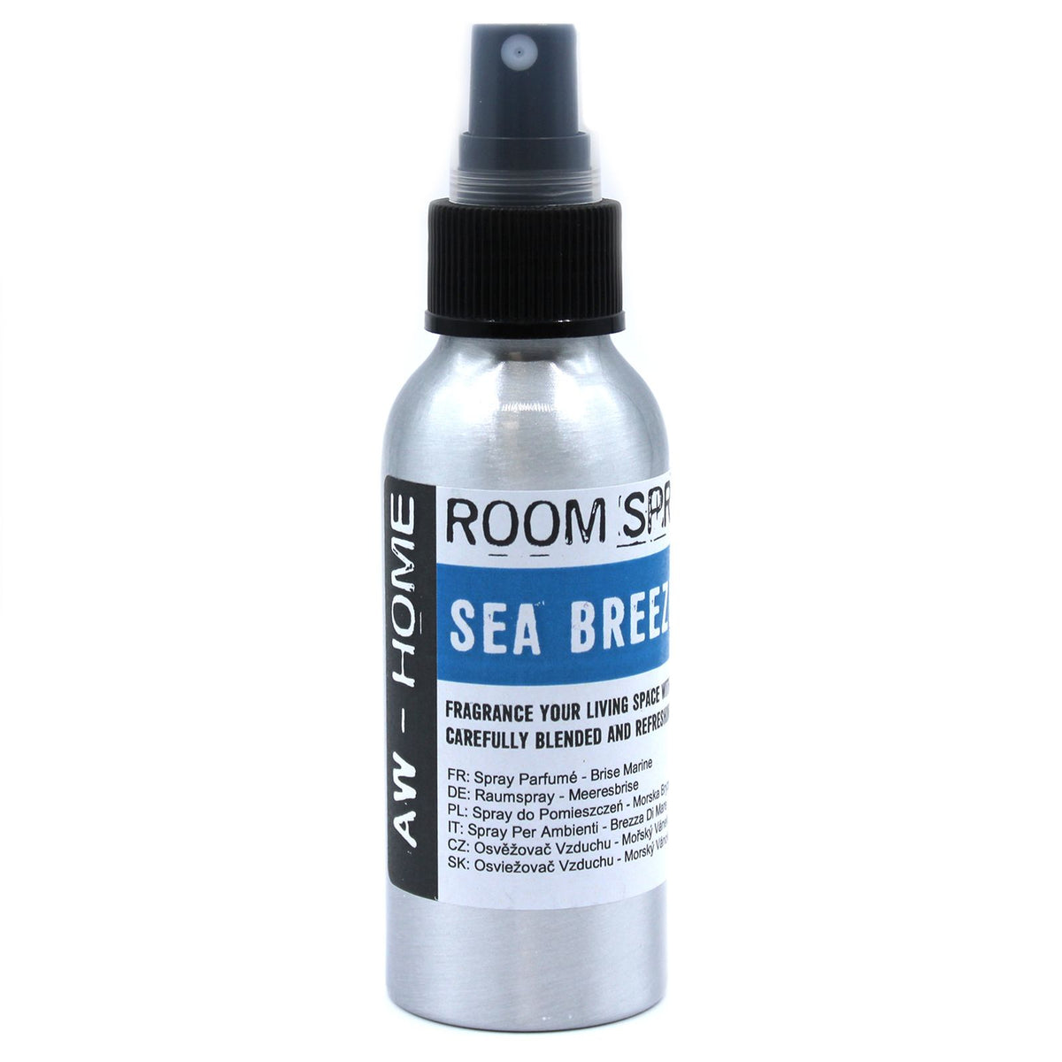 100ml Room Spray, Sea Breeze in a silver bottle with a black spray nozzle, shown from the front