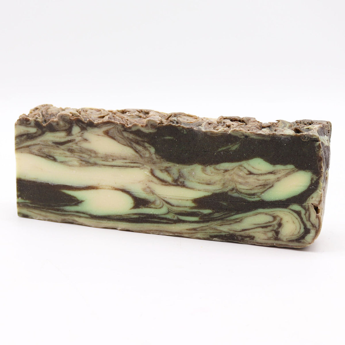 Cinnamon, Olive Oil Soap Loaf with dark brown and pale green swirls, shown whole from the front