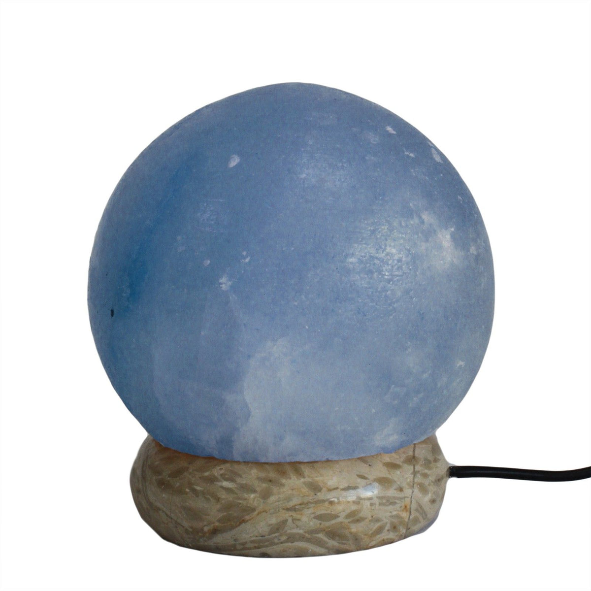 Quality USB Ball Salt Lamp, 8 cm, blue sphere on a mottled base with a black cable, front view