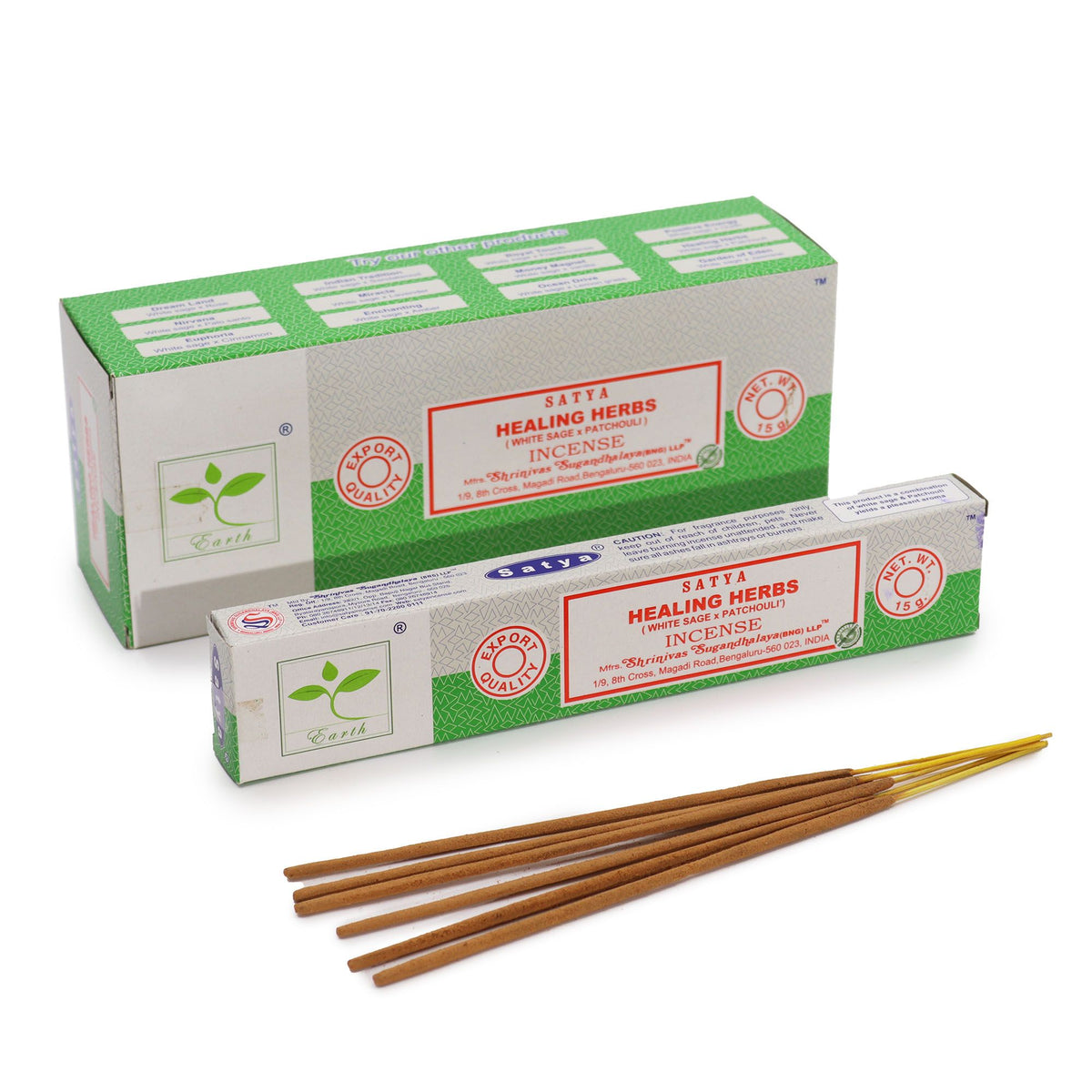 Satya Incense 15gm, green and white boxes with loose brown sticks