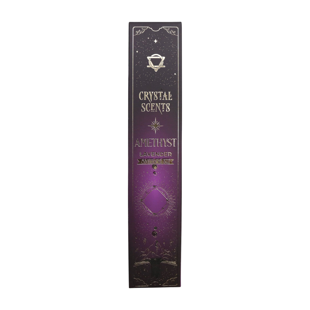 Single slim purple Amethyst Lavender incense box shown upright from the front