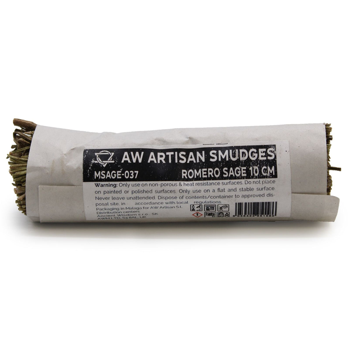 Smudge Stick, Romero Sage 10 cm wrapped in white paper with a printed label, shown horizontally