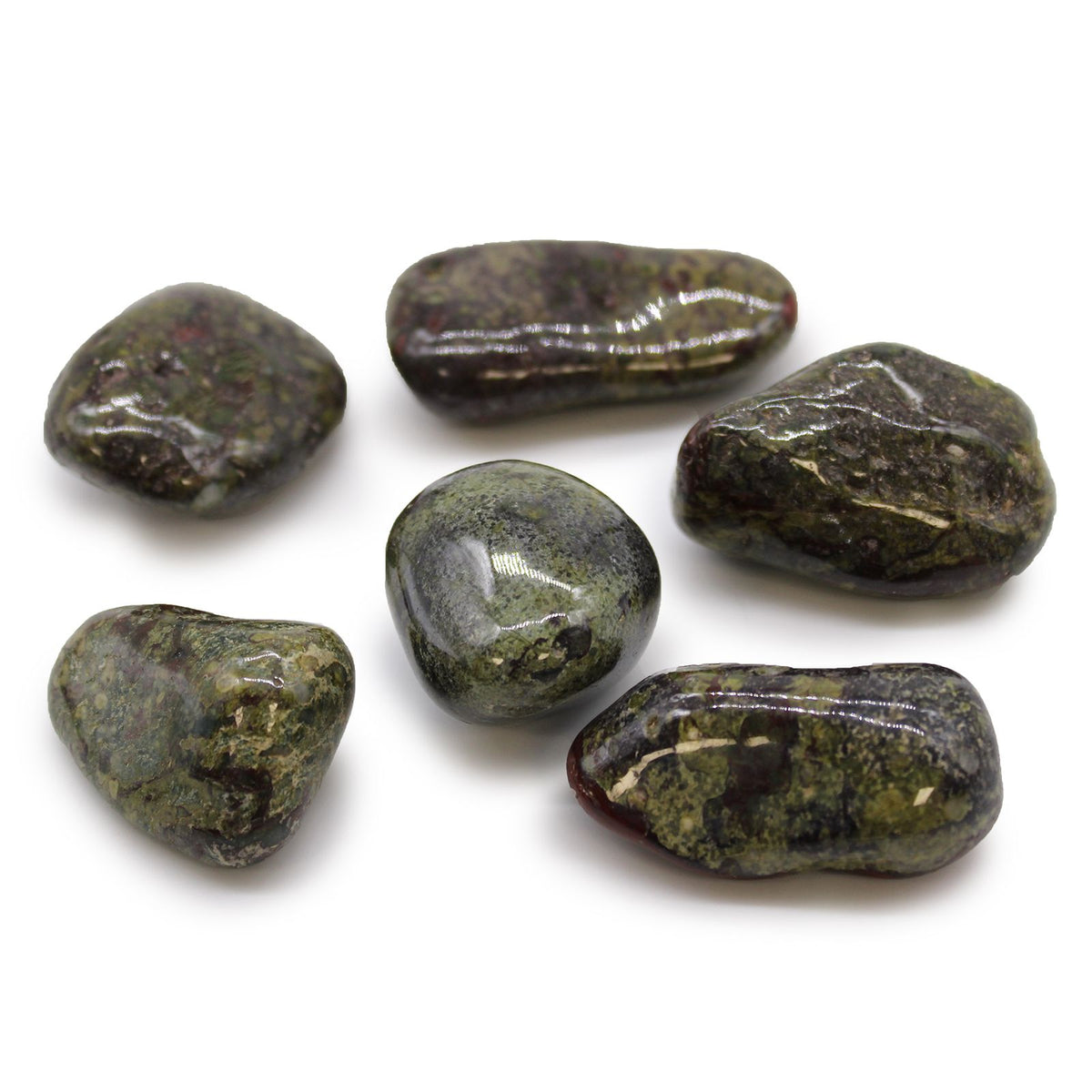 Large African Tumble Stones, Dragon Stones in mottled dark green and brown, shown loose on white