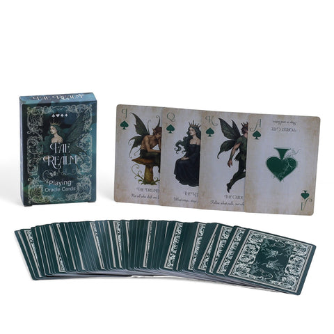 Fae Realm Playing & Oracle Cards, Fairy Theme, teal box, illustrated cards and a fan of dark card backs