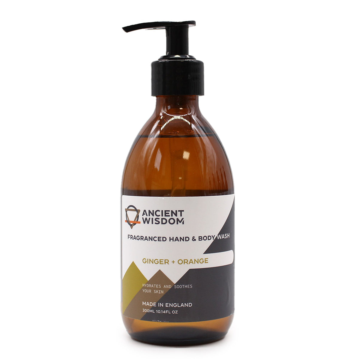Ginger + Orange hand and body wash pump bottle with foam, on a white background