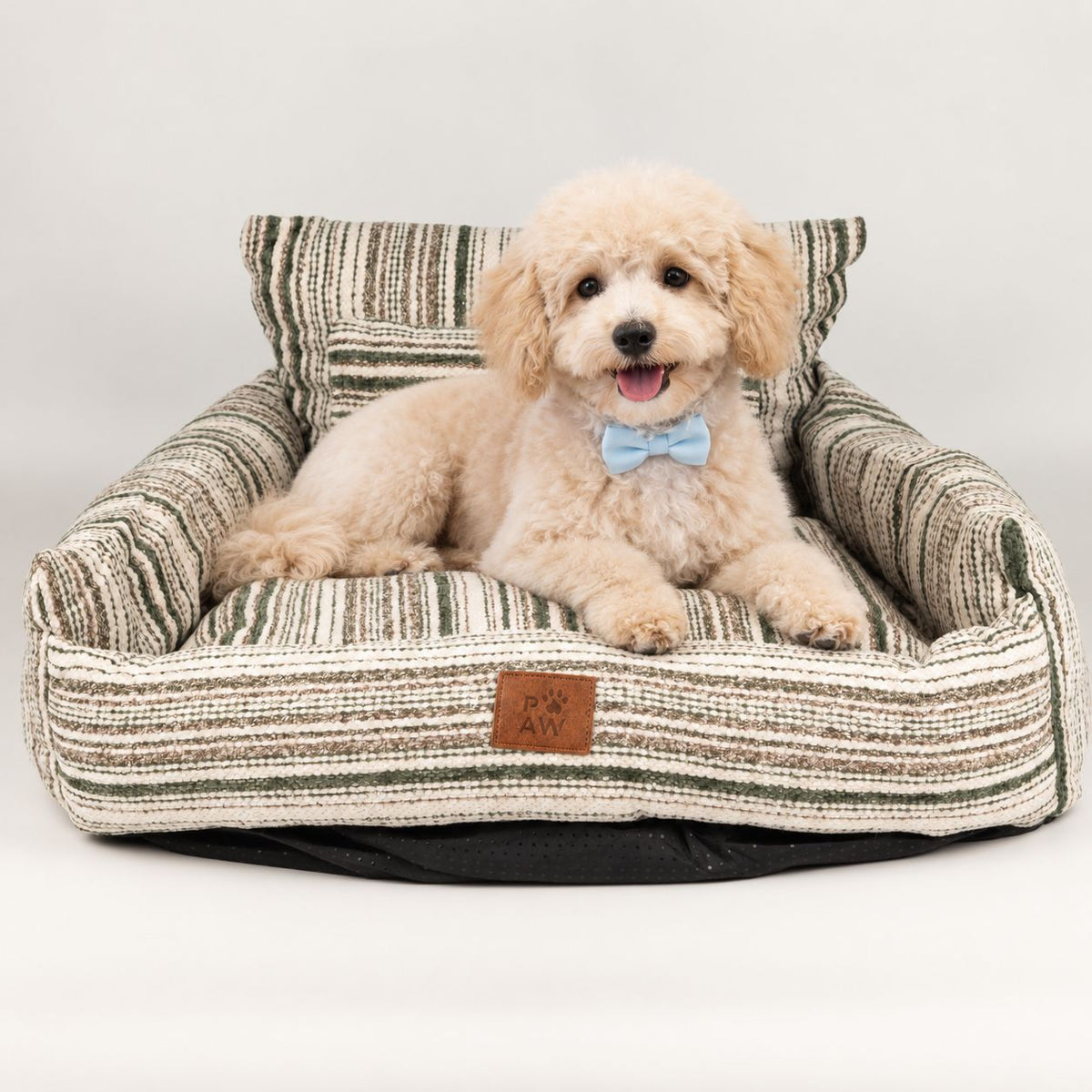 PAW sofa pet bed with a dog on the striped seat