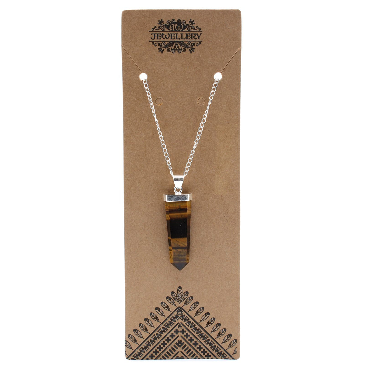 Gemstone Flat Pencil Pendant, Tiger Eye on a silver-coloured chain, displayed on a brown jewellery card