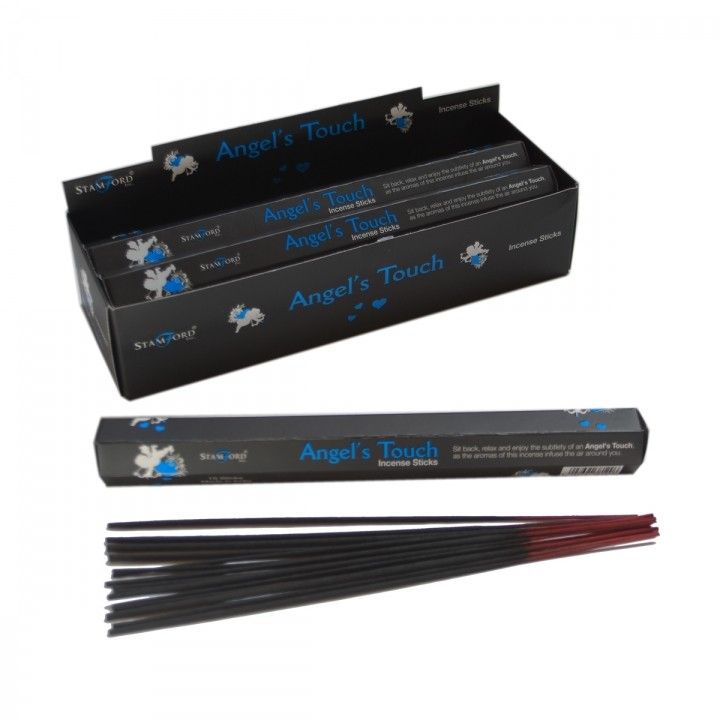 Angel's Touch Incense Sticks in a black box, with a single pack and loose dark sticks
